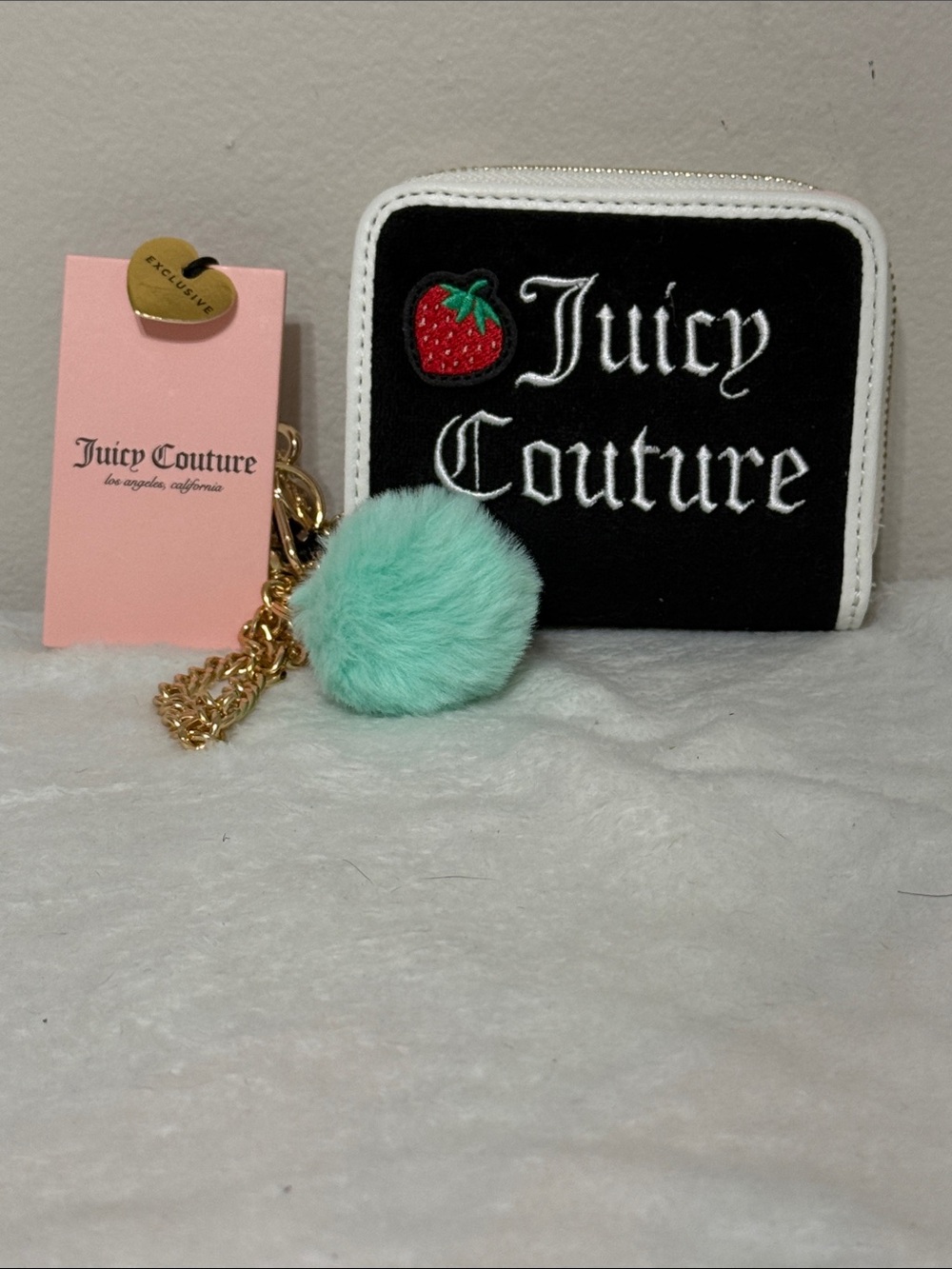 Juicy Couture Black & White Velvet Zip Card Holder with Mint Pom Keychain